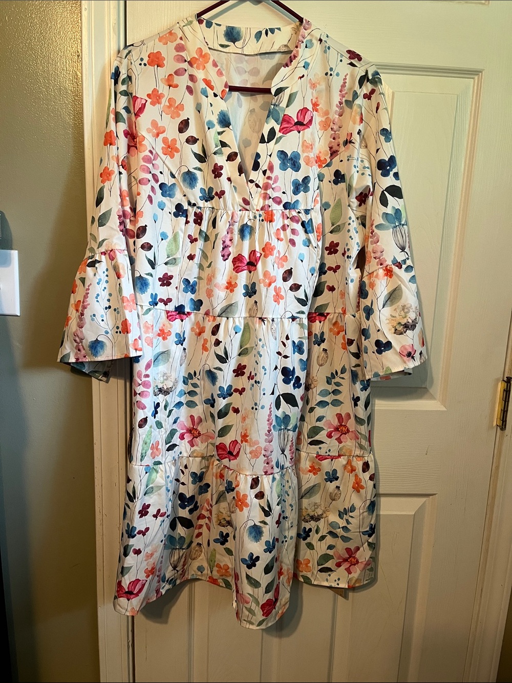 Women's Floral Tiered V-Neck Dress in Cream with Multicolor Print
